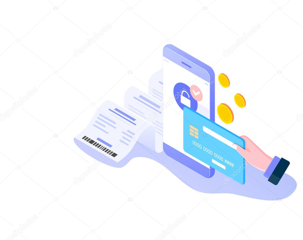 Online mobile payment isometric concept. Payment protection, Cashless society and billing via smartphone on white background. Vector illustration.