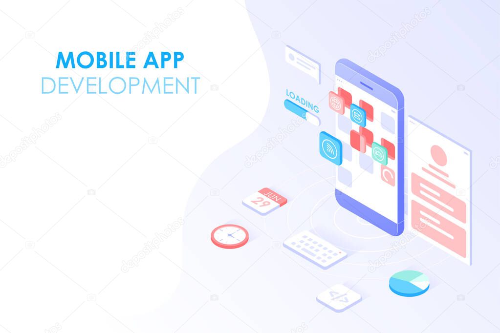 Mobile app development and web design isometric concept. App testing and layered user interface on smartphone screen for web banner background.