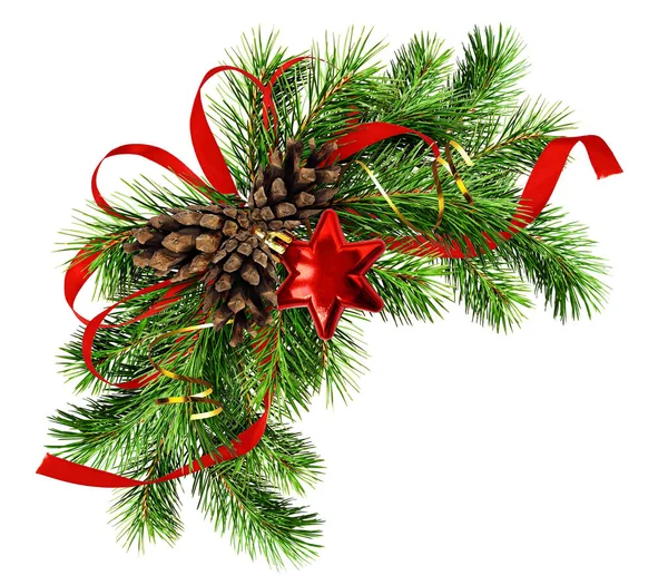 Christmas arrangement with pine twigs, cones and red silk ribbon — Stock Photo, Image