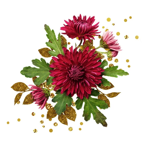 Композиція з квітів айстр із золотими текстурованими листям — стокове фото