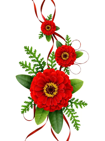 Arrangement Mit Roten Zinnia Blumen Und Seidenbändern Isoliert Auf Weiß — Stockfoto