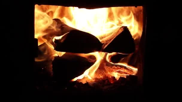 Bright burning wood in a furnace — Stock Video