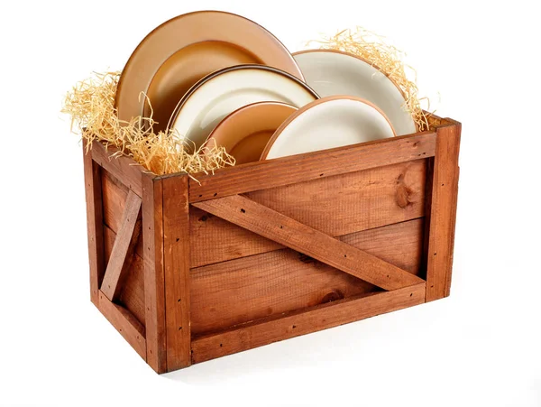 Utensílios de mesa em uma caixa de madeira — Fotografia de Stock
