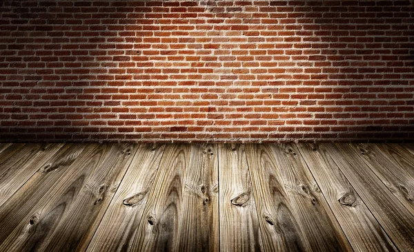 Ziegelwand mit Holzboden Hintergrund — Stockfoto
