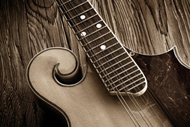 vintage bluegrass mandolin on aged wood  clipart