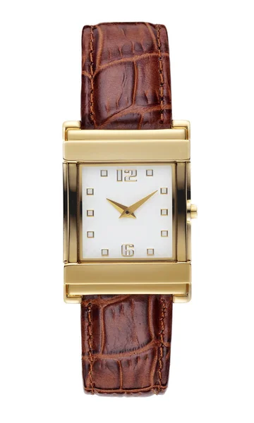 Goldene Quadratische Armbanduhr Für Mann Isoliert Auf Weiß — Stockfoto