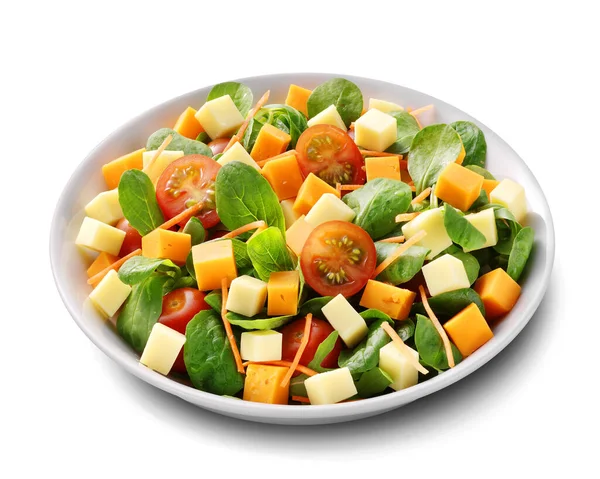 Queijo Variado Salada Fresca Com Cordeiros Alface Tomate Prato Isolado — Fotografia de Stock
