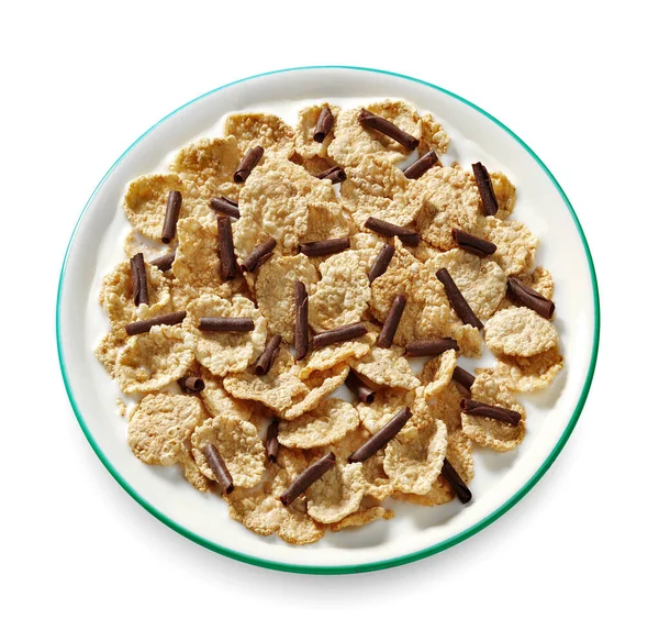 Kom Van Cornflakes Met Chocolade Curlsand Melk Geïsoleerd — Stockfoto