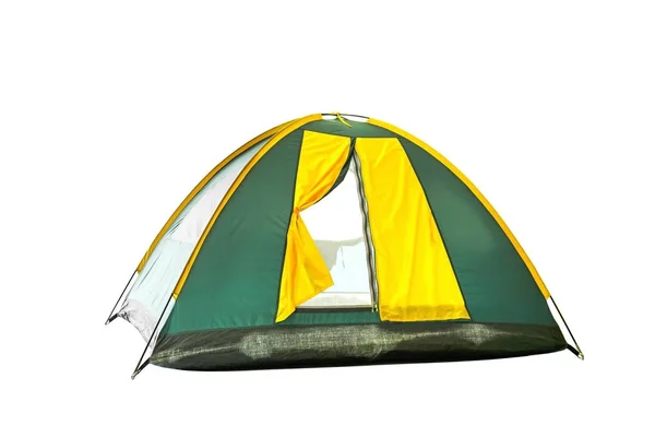 Isolated green and yellow dome tent on white with clipping path