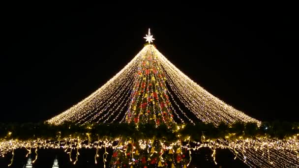 Bela árvore de Natal decorada com muitas guirlandas ao ar livre — Vídeo de Stock