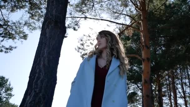 Красивая молодая блондинка позирует в пальто в осеннем лесу в солнечную погоду — стоковое видео