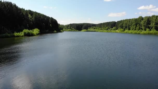 4k Luftflug über der Wasseroberfläche des Sees bei ruhigem Wetter am sonnigen Sommertag — Stockvideo