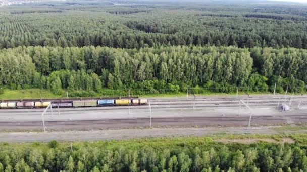 Luchtvaart 4k vliegen over spoorlijnen met een lege goederenwagons in de zomer bij zonsondergang — Stockvideo