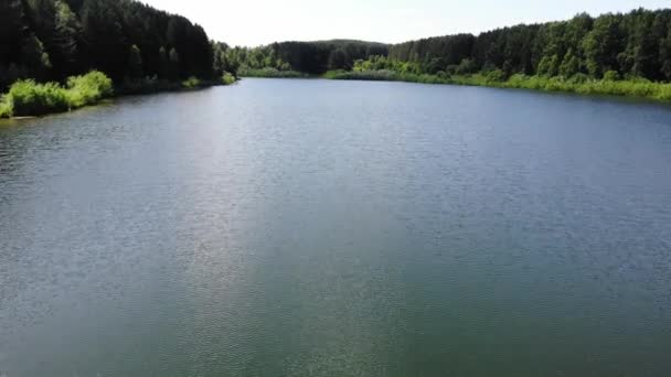 Luftfahrt mit hoher Geschwindigkeit über der Wasseroberfläche eines ruhigen Sees an einem sonnigen Sommertag — Stockvideo