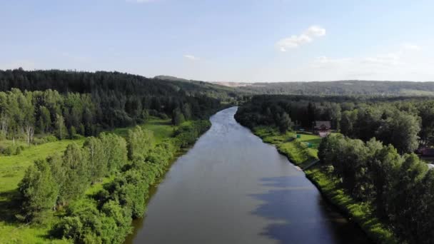 4K aerial stock footage of river is located in woods in summer Sunny day — Stockvideo