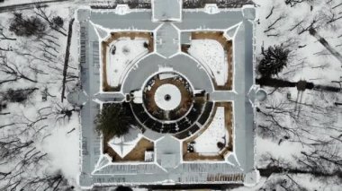 Essentuki, Russia - January 10, 2020: Aerial top down view on abstract building