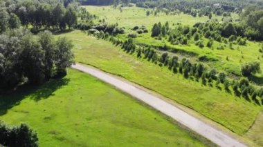 Aerial fly over road leading to a country home in summer Sunny day