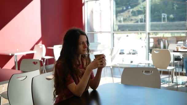 Pensive beautiful young woman sits alone in cafe and drinks drink from paper cup — ストック動画