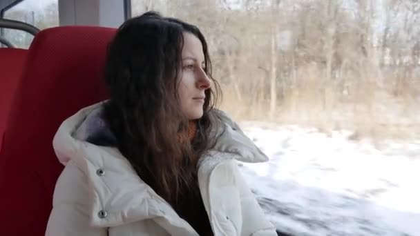 Jonge vrouw rijdt zittend in de trein en kijkt bedachtzaam uit het raam — Stockvideo