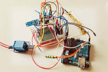 Robotics and electronics. Lab in the school. Mathematics, engineering, science, technology, computer code. STEM and STEAM education for kids.