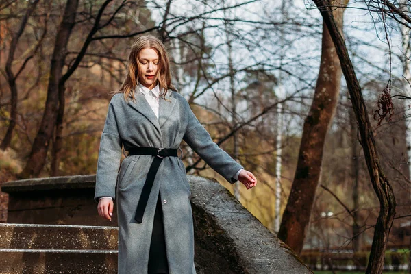 Ritratto di giovane donna d'affari in cappotto grigio in posa a Pa — Foto Stock