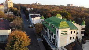 Essentuki, Russia - October 28, 2020: Top view of PANSIONAT Plaza Essentuki on theatre square. clipart