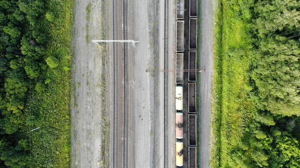 Vue Aérienne Haut Vers Bas Des Voies Ferrées Avec Des — Photo