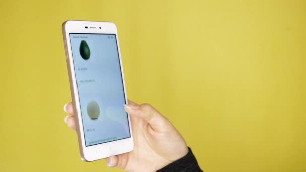 Vrouwelijke hand met behulp van Smartphone Koopt in Internet Shop. Vrouw Bestelt Eten Thuis In Online Store met behulp van Smartphone. Vrouw selecteert fruit in kruidenier Online Store. Stavropol, Rusland, 5 mei 2020 — Stockvideo