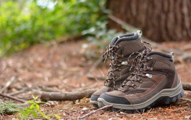 Bir ormandaki kahverengi yürüyüş botları 