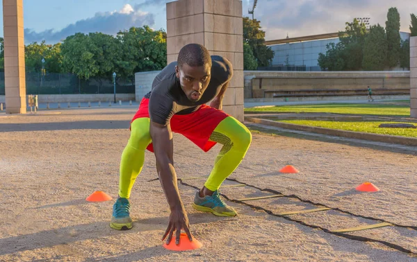 Manliga muskulär träning stege till marken och kottar. — Stockfoto
