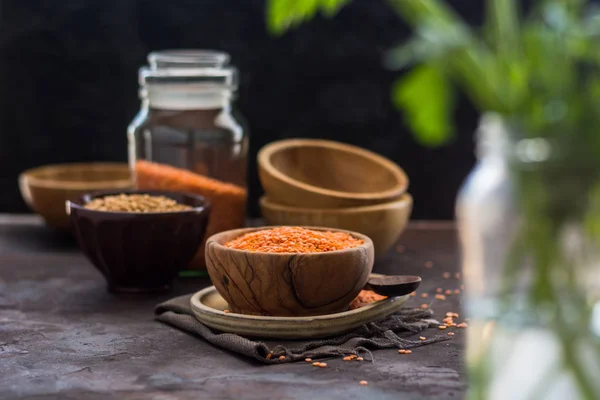 Wooden Bowl full of red lentils. — Stock Photo, Image