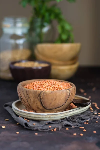 Wooden Bowl full of red lentils. — Stock Photo, Image