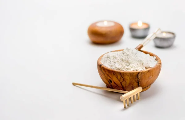 Wooden Bowl full of white clay — Stock Photo, Image