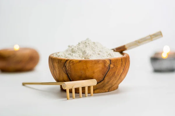 Wooden Bowl full of white clay — Stock Photo, Image