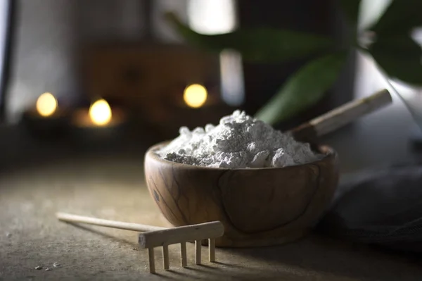 Wooden Bowl full of white clay — Stock Photo, Image