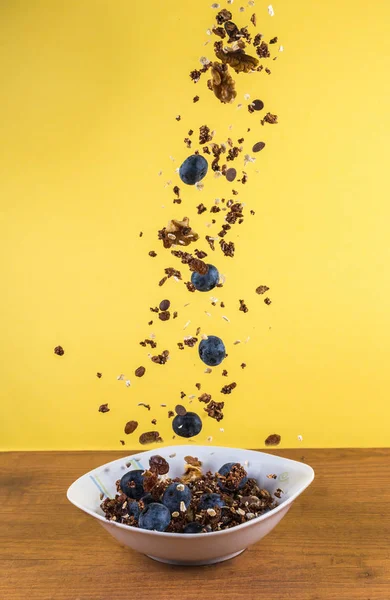 Copos de avena y cereales de chocolate con ciruelas pasas y pasas — Foto de Stock