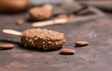 Vanilya badem evde dondurma ahşap sopa ile