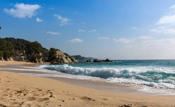 Одинокий пляж в солнечный день с большими волнами . — стоковое фото
