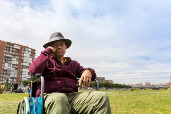 Man Wheelchair Taking Walk Park Feeling Sadness His Paralysis — Stock Photo, Image