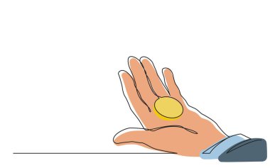 continuous line drawing hand holding money coin, vector illustration