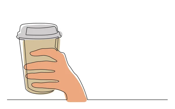 Kontinuierliche Linienzeichnung Hand Hält Heißen Kaffeebecher Mit Deckel Vektor Illustration — Stockvektor