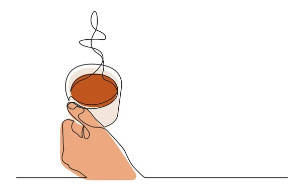 Ciągła Linia Rysunek Ręka Trzymając Filiżankę Gorącej Kawy Wektor Ilustracja — Wektor stockowy