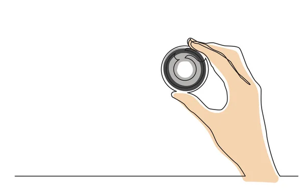 Continuous Line Drawing Hand Holding Photographic Camera Lens Vector Illustration — Stok Vektör
