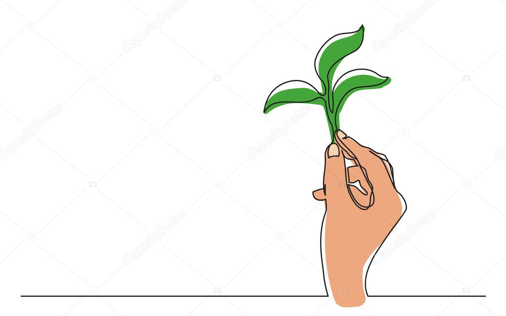 continuous line drawing hand holding growing plant , vector illustration