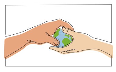 continuous line drawing hands holding green energy planet earth symbol, vector illustration
