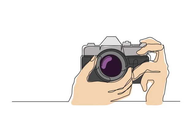 Continue Lijn Tekening Handen Houden Fotocamera Maken Van Foto Vector — Stockvector