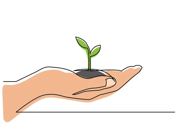 Continuous Line Drawing Hand Holding Growing Plant Vector Illustration — Stock vektor