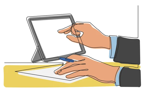 Linha Contínua Desenho Mãos Escrita Apontando Para Tela Tablet Ilustração — Vetor de Stock