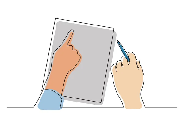 Непрерывная Линия Рисующая Две Руки Указывающие Чистый Лист Бумаги Векторная — стоковый вектор