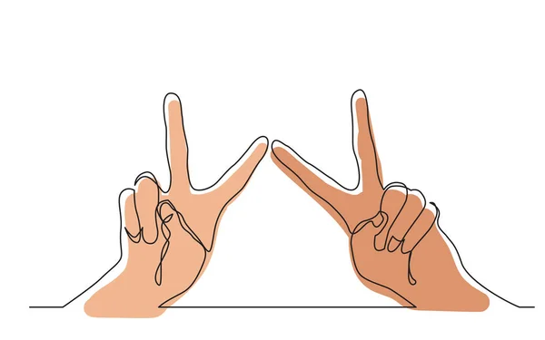 Spojitá Čára Kreslení Dvě Ruce Ukazující Znamení Vítězství Vektorová Ilustrace — Stockový vektor